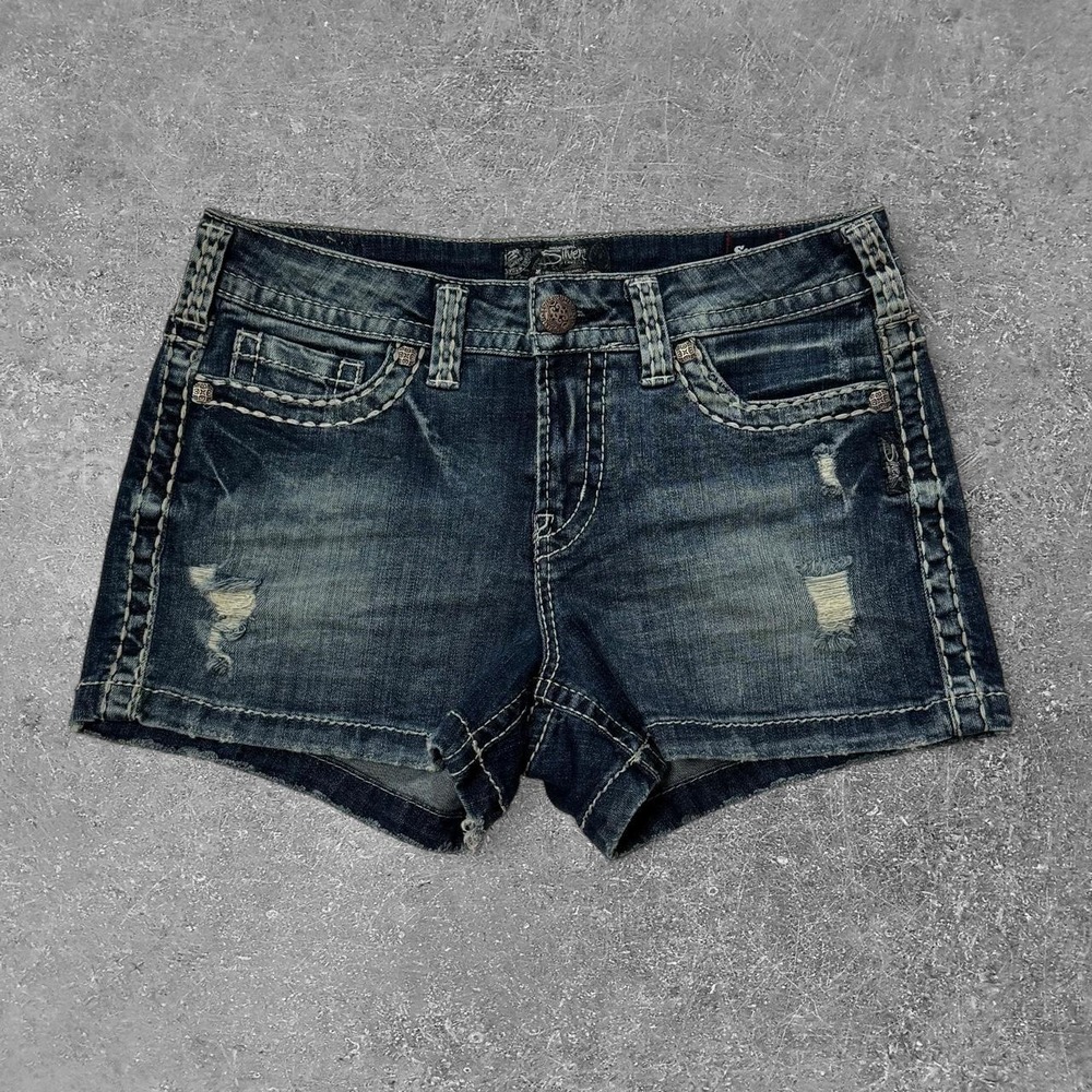 Silver Jeans Co Aiko Mid Short Distressed Denim Blue Women 29 L53835SJL283